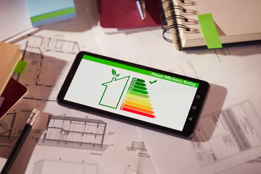 Smartphone mit Energieeffizienzskala für ein Haus liegt auf Bauplänen