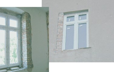 Fensterlaibung an der Altbaufassade vor und nach dem Aufmauern