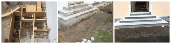 Bau einer Außentreppe in drei Schritten: Schalung, Betonstufen, fertige Granittreppe
